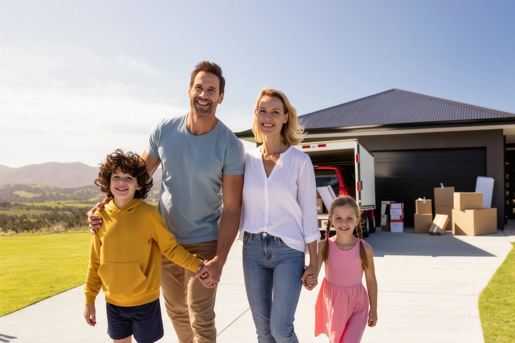 Family in front of a new home